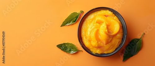 A petite glass bowl laden with yellow mango pulp has chunks of mango strewn all while over a setting of a pale vivid orange unseasoned dish and space, Generative AI.