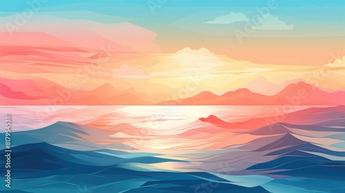 Picturesque seascape at sunset with softly defined mountains on the horizon