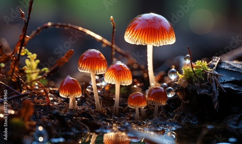 Cluster of Mushrooms Growing on Forest Floor