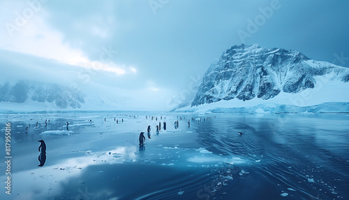 Flock of penguins on frozen bay ice coast in cold Antarctic sea waters with picturesque moody landscape background. Beauty in Nature, Eco concept image.