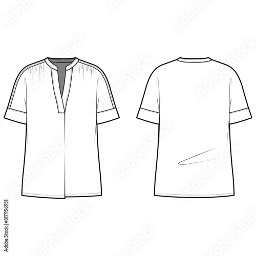 Technical flat sketch of Pullover shirt. V-neck poplin blouse with dolman sleeves. Short sleeve top with tuck and shirring details. Front and back apparel. Vector mock up Template. 