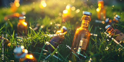 empty bottles and needles scattered amongst the grass, serving as a stark reminder of the grip of addiction.