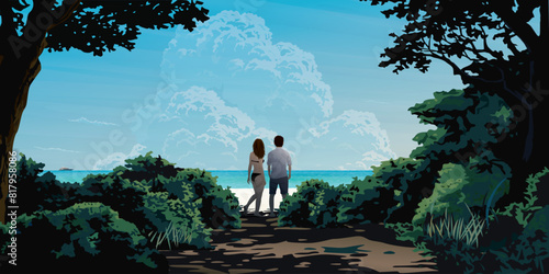 Couple of lover at the beach have tropical blue sea background and silhouette tree with bush foreground graphic illustrated. Journey of sweetheart concept flat design.