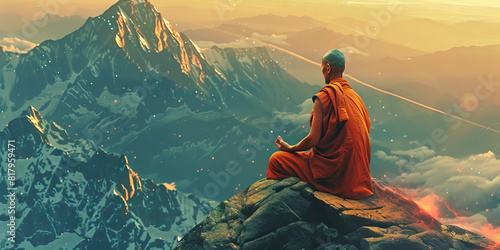 A Buddhist monk meditates atop a mountain peak, one with the universe and the divine energy that flows through it.