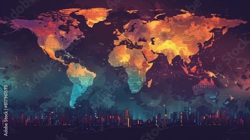 Detailed world map with vibrant colors against a black backdrop