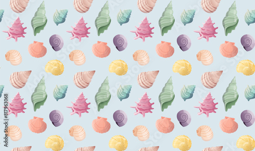 Seamless summer pattern with seashells on a blue background. Ideal for summer designs, beach projects, textile patterns