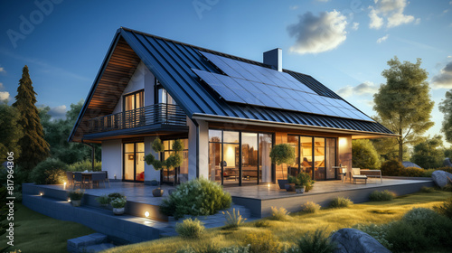 Design of sustainable privet house in countryside. Solar energy panels installed on the roof of modern house.