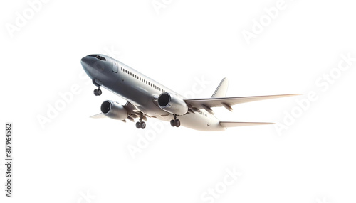 A commercial airplane in flight, isolated on a transparent background. The plane is shown from a side angle, capturing its sleek