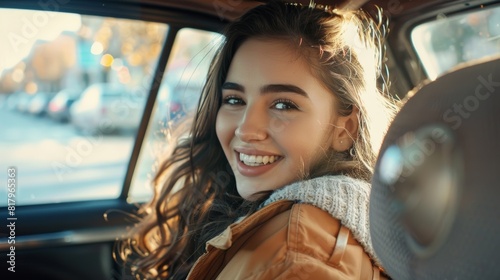 Smiling young woman on the back seat of a car