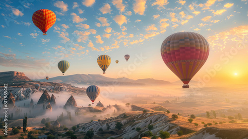  Hot air balloons floating over a misty landscape at sunrise.