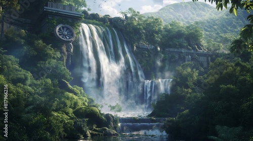 A cascading waterfall hidden within a lush jungle, where AI-guided hydroelectric turbines harness the raw power of rushing water, generating clean energy for nearby communities.
