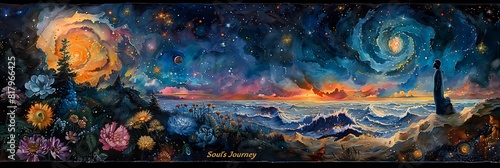 Souls Journey A mystical path winding through cosmic landscapes illustrating the eternal journey of the soul as depicted in the Bhagavad Gita