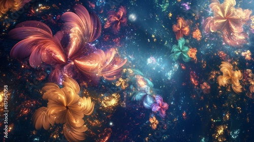A celestial garden of cosmic flowers, each petal a swirling galaxy of vibrant colors, blooming in the infinite expanse of space. 32k, full ultra HD, high resolution