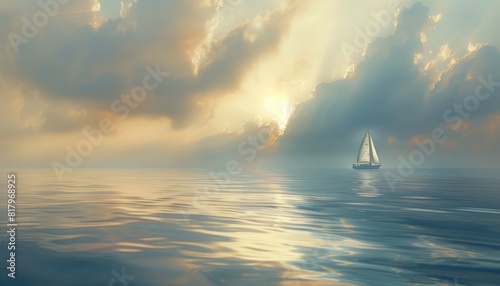 The photo shows a sailboat on a calm sea with a beautiful sunset in the background