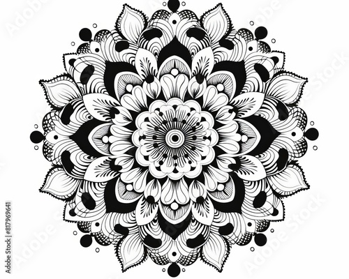 Intricate mandala flat design side view meditation theme cartoon drawing black and white