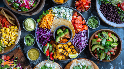 A colorful vegan taco spread with fillings like jackfruit, grilled veggies, and black beans