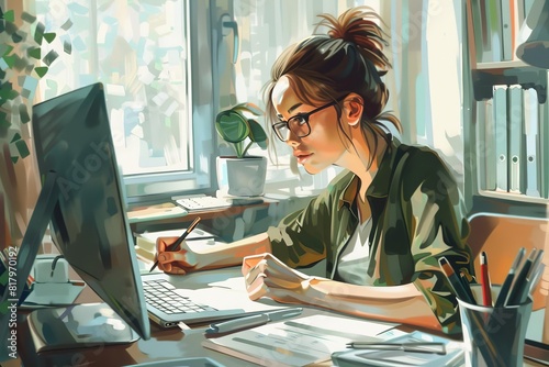 ambitious female accountant calculating finances in modern home office digital painting