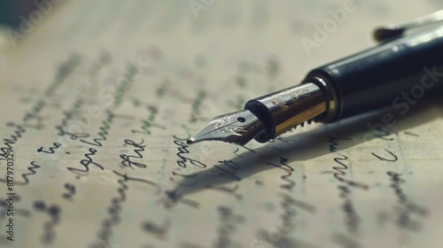 Close-up view of a handwritten letter with a fountain pen resting on the paper