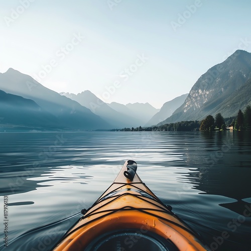 A kayak on a serene lake, with paddles resting inside and mountains in the background,
