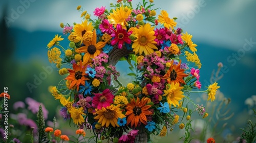 summer solstice celebration, a colorful flower wreath on a tall pole signifies the height of summer at the solstice celebration