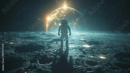 International Day of Human Spaceflight. An astronaut in a spacesuit on the background of planet Earth.