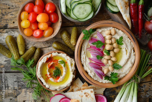 A rustic vegan spread featuring homemade hummus, fresh pita bread, and an array of pickled vegetables