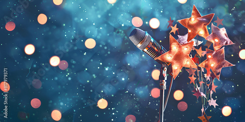 inging Star's Microphone with Sparkling Star Decorations on a Magical Stage Dazzling Performance with Glittering Stars and Spotlight on the Microphone