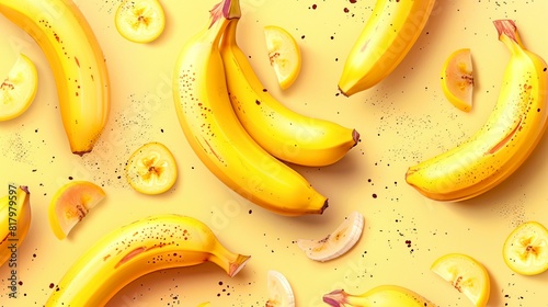 fruit yellow background with whole bananas and banana slices