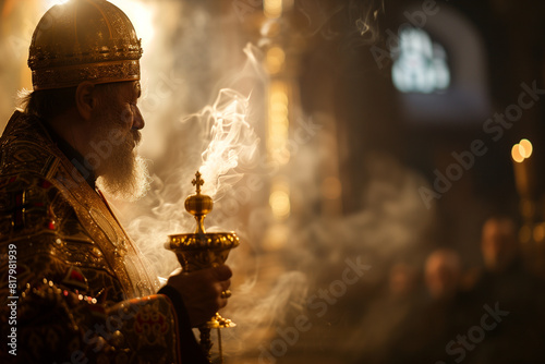 Close-Up Photo of Elderly Romanian Orthodox Priest Holding Golden Incense Burner During Saint Anthony the Great Feast Vigil with Blurred Monks in Background