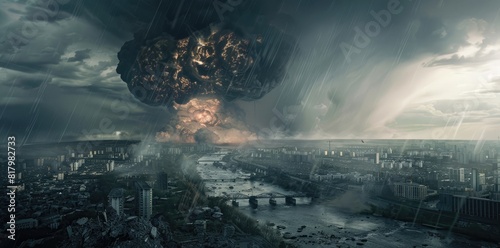 A huge mushroom cloud above the city, heavy rain and dark clouds above it, smoke rising from an underground explosion in front of a river with buildings destroyed