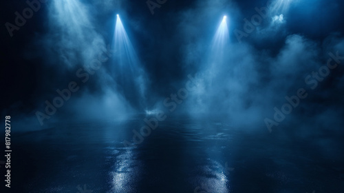 spotlights shine down onto a dark blue foggy stage Background, Ai Generative
