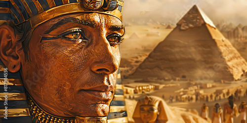 An Egyptian pharaoh, adorned with gold and jewels, oversees the construction of the great pyramids, their legacy etched into history
