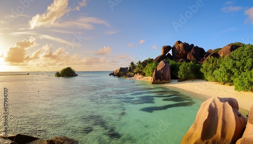 sunset panorama at anse source d argent beach la digue seychelles