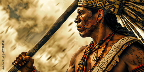 An Aztec warrior stands tall, spear in hand, ready to defend their people and their way of life.