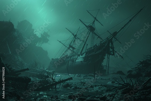 A shipwreck is shown in a deep blue ocean with smoke rising from the water.