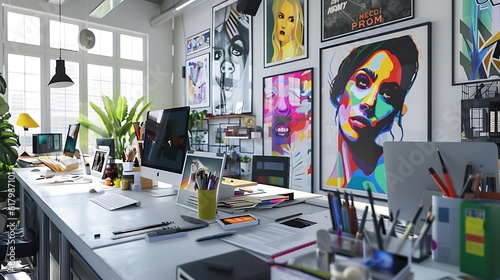 A modern office space filled with vibrant posters and design tools on a desk