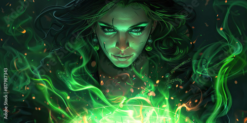 A witch, their cauldron ablaze with emerald flames, harnesses the power of nature, weaving magic into every spell. 