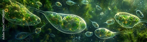 A serene depiction of Euglena, singlecelled protozoa, in their natural aquatic habitat, showcasing their flagella and chloroplasts