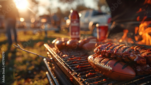 Photo realistic fans tailgating at a football game: Fans enjoying a tailgate party grilling food, playing games, and showing team spirit. Ideal for sports pre game activities and f