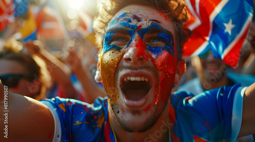 Passionate fans with face paint and waving flags cheering during an intense international sports game Photo realistic concept capturing sports patriotism and fan spirit at an int