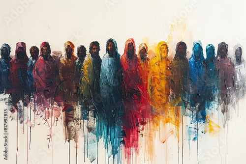 A minimalist illustration featuring Jesus and the 12 disciples, depicted with simple and clean lines to highlight the unity and diversity among the figures