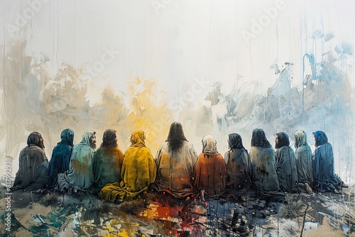 A minimalist illustration featuring Jesus and the 12 disciples, depicted with simple and clean lines to highlight the unity and diversity among the figures