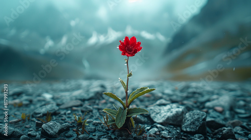 A small red flower is growing in the middle of a rocky field