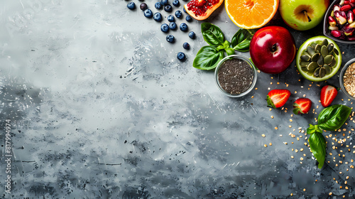 Healthy food clean eating selection: fruit, vegetable, seeds, superfood, cereal, leaf vegetable on gray concrete background 