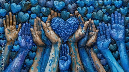  Blue heart surrounded by blue and golden painted hands in a painting with painted rocks and water