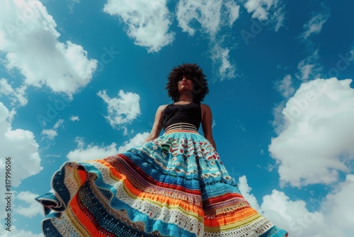 Young black woman wearing multicolored crocheted top and airy skirt, unusual collage photo with clouds, fashion magazine cover style, AI generated image