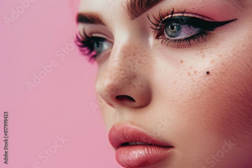 Beautiful woman with black eyeliner and long lashes on pink background, closeup of eye makeup