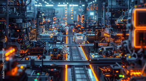 Artistic interpretation of an electronics factory floor transformed into a labyrinth of machines and glowing pathways, emphasizing scale and complexity