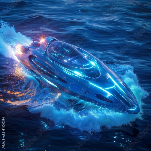 Water sports complex, side view, hydro jet racing with neon lights under the ocean, speed and technology, Robotic tone, Monochromatic Color Scheme