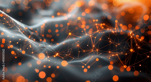 An abstract futuristic network pattern using mostly orange and black color scheme to be used as a subtle background pattern, show depth of field. Generative AI.
